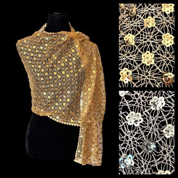 Sequin Open Weave Scarf Evening Shawl Gold Silver - Picture 1 of 15